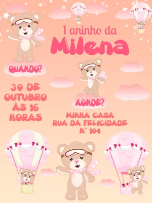Convite Aniversário Ursinha Baloeira para Editar Online