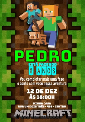 Convite de Aniversário Minecraft Editável com Personagens