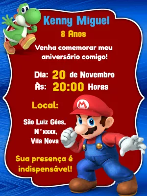 Convite de Aniversário Super Mario e Yoshi para Editar Online