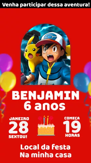 Convite de Aniversário Pokémon com Ash e Pikachu para Editar