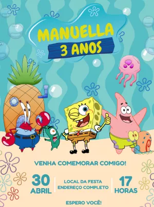Convite Aniversário Bob Esponja com Turma para Editar Online