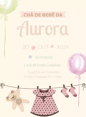 Convite Chá de Bebê Menina Varal de Roupas para Editar Online