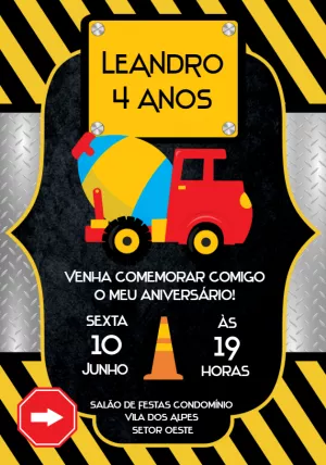Convite Aniversário Construção com Caminhão para Editar Online