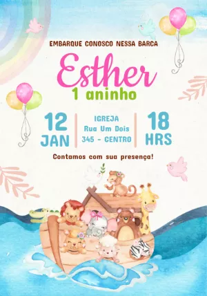 Convite de Aniversário Arca de Noé com Animais para Editar