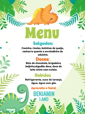 Menu de Aniversário Dinossauros Editável para Imprimir