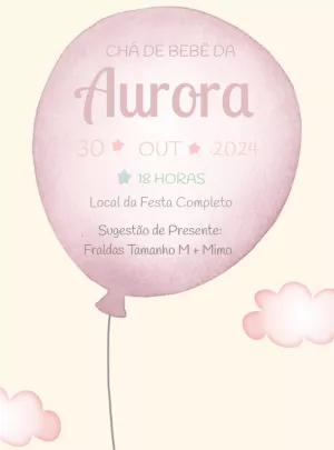 Convite Chá de Bebê Menina Balão Aquarela para Editar Online