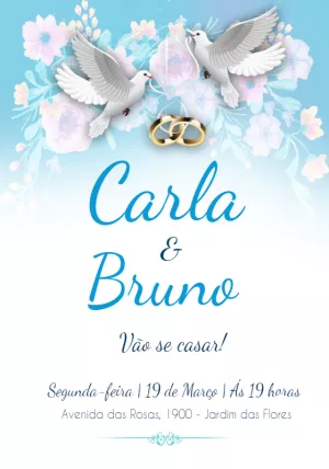 Convite de Casamento com Pombos e Flores para Editar Online