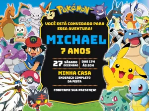 Convite Aniversário Pokémon com Personagens para Editar Online