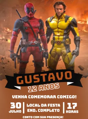 Convite Aniversário Deadpool e Wolverine para Editar Online