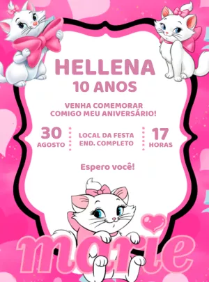 Convite Aniversário Gatinha Marie Rosa para Editar Online