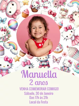 Convite de Aniversário Hello Kitty com Foto para Editar Online