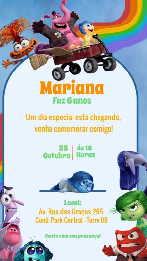 Convite de Aniversário Divertida Mente 2 com Personagens para Editar