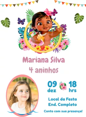 Convite de Aniversário Moana Baby com Foto para Editar Online