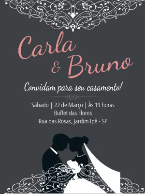 Convite de Casamento com Silhueta e Renda para Editar Online