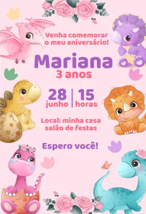 Convite Aniversário Dinossauro Rosa para Editar Online