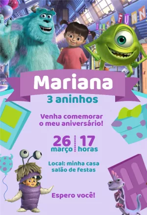 Convite Aniversário Monstros S.A. com Personagens para Editar