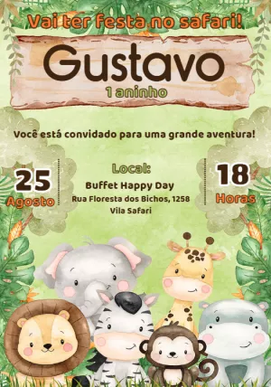 Convite Aniversário Safari Aquarela com Bichinhos para Editar
