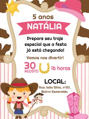 Convite de Aniversário Cowgirl Boiadeira para Editar Online