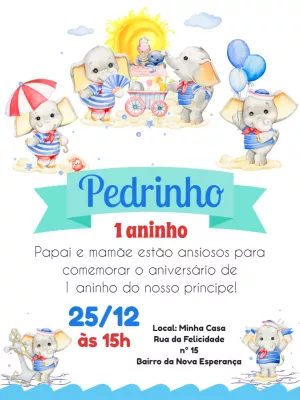 Convite de Aniversário Elefante Marinheiro para Editar