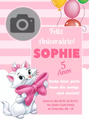 Convite Aniversário Gata Marie com Foto para Editar Online