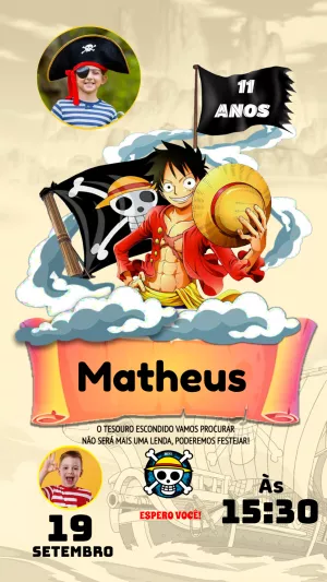 Convite Aniversário One Piece com Foto para Editar Online