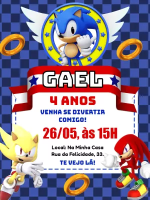 Convite Aniversário Sonic com Personagens para Editar Online