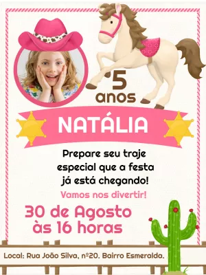 Convite Aniversário Cowgirl Boiadeira com Foto para Editar