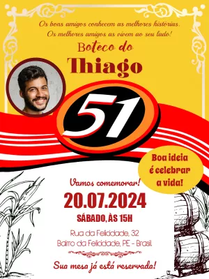 Convite Aniversário Boteco 51 com Foto para Editar Online
