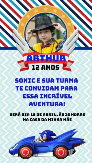 Convite Aniversário Sonic com Foto para Editar Online