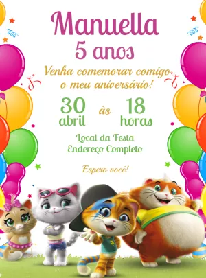Convite Aniversário 44 Gatos para Editar Online