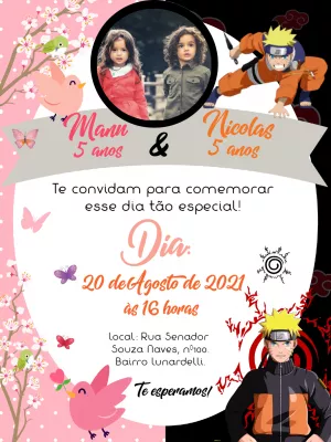 Convite Duplo Aniversário Naruto e Jardim Encantado para Editar