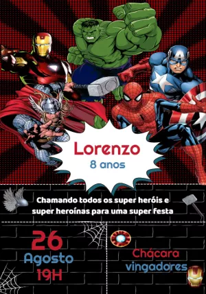 Convite de Aniversário Vingadores com Heróis para Editar