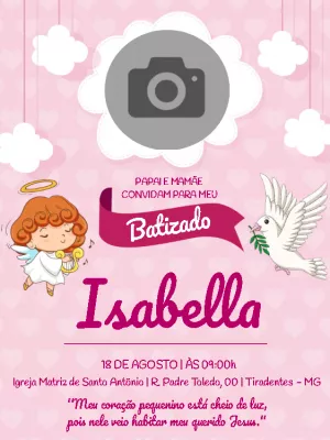 Convite de Batizado com Foto e Anjo para Editar Online