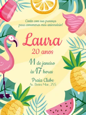 Convite Aniversário Tropical com Flamingo para Editar Online