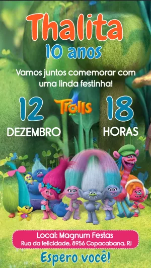 Convite de Aniversário Trolls com Personagens para Editar Online