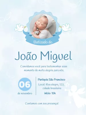 Convite de Batizado com Foto e Anjos para Editar Online