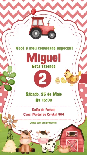 Convite Aniversário Fazendinha com Trator Vermelho para Editar