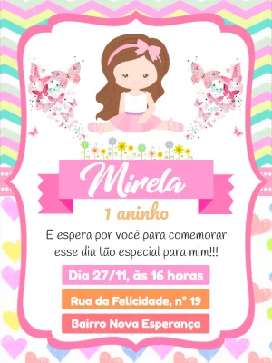 Convite Aniversário Bailarina com Borboletas para Editar Online