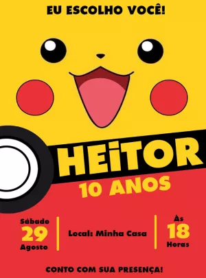Convite de Aniversário Pokémon com Pikachu para Editar Online