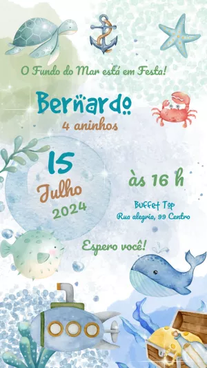 Convite Aniversário Fundo do Mar Aquarela para Editar Online