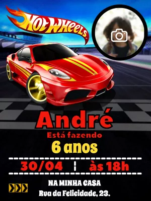 Convite de Aniversário Hot Wheels com Foto para Editar Online