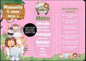 Menu de Mesa Aniversário Safari Rosa para Editar Online