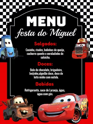 Menu Aniversário Carros com Personagens para Editar Online