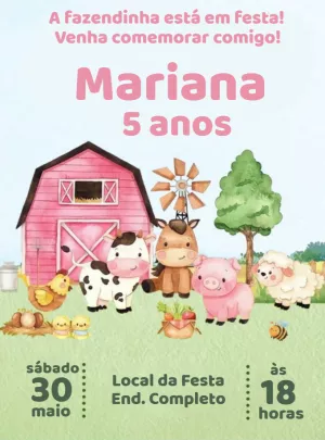 Convite Aniversário Fazendinha Rosa com Animais para Editar