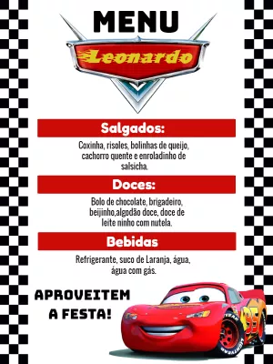 Menu Aniversário Carros Editável Online para Festa