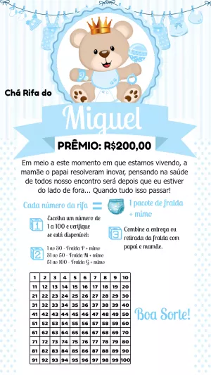 Convite Chá Rifa Ursinho Príncipe Editável Online