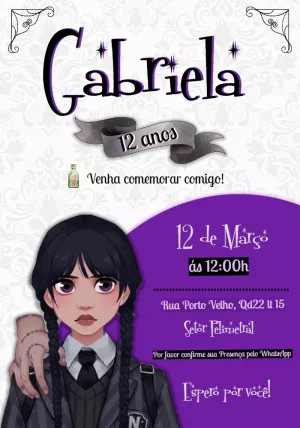Convite de Aniversário Wandinha Addams para Editar Online