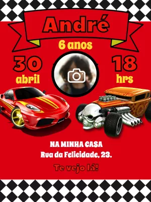 Convite Aniversário Hot Wheels com Foto para Editar Online