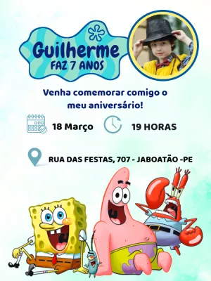Convite Aniversário Bob Esponja com Foto para Editar Online