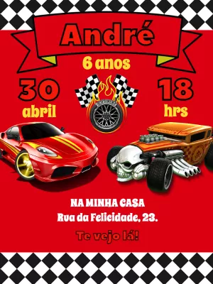 Convite de Aniversário Carros de Corrida para Editar Online